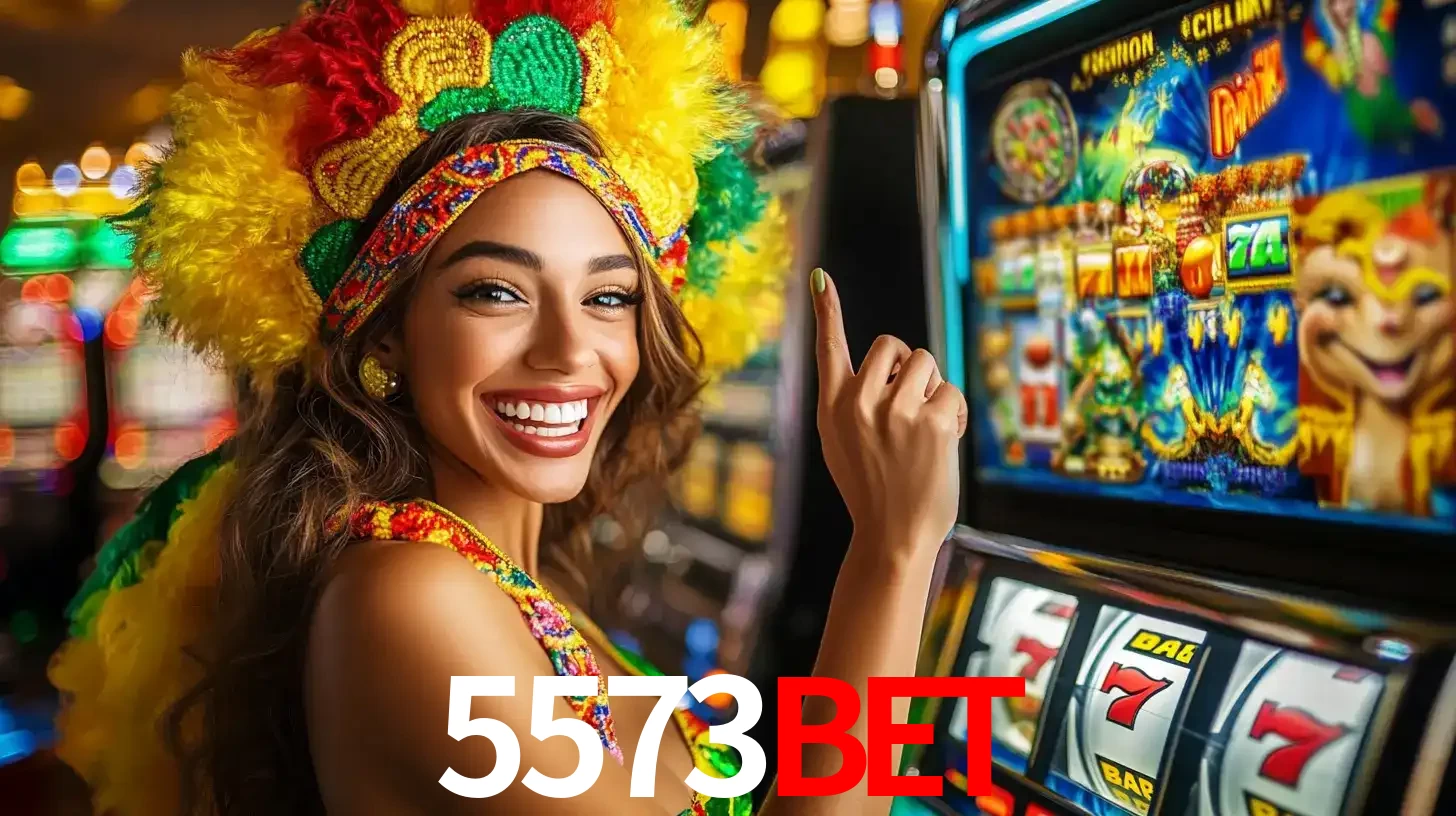 Mulher animada com um cocar de carnaval apontando para uma máquina de caça-níqueis, mostrando a emoção de ganhar um grande prêmio nos jogos do 5573bet.
