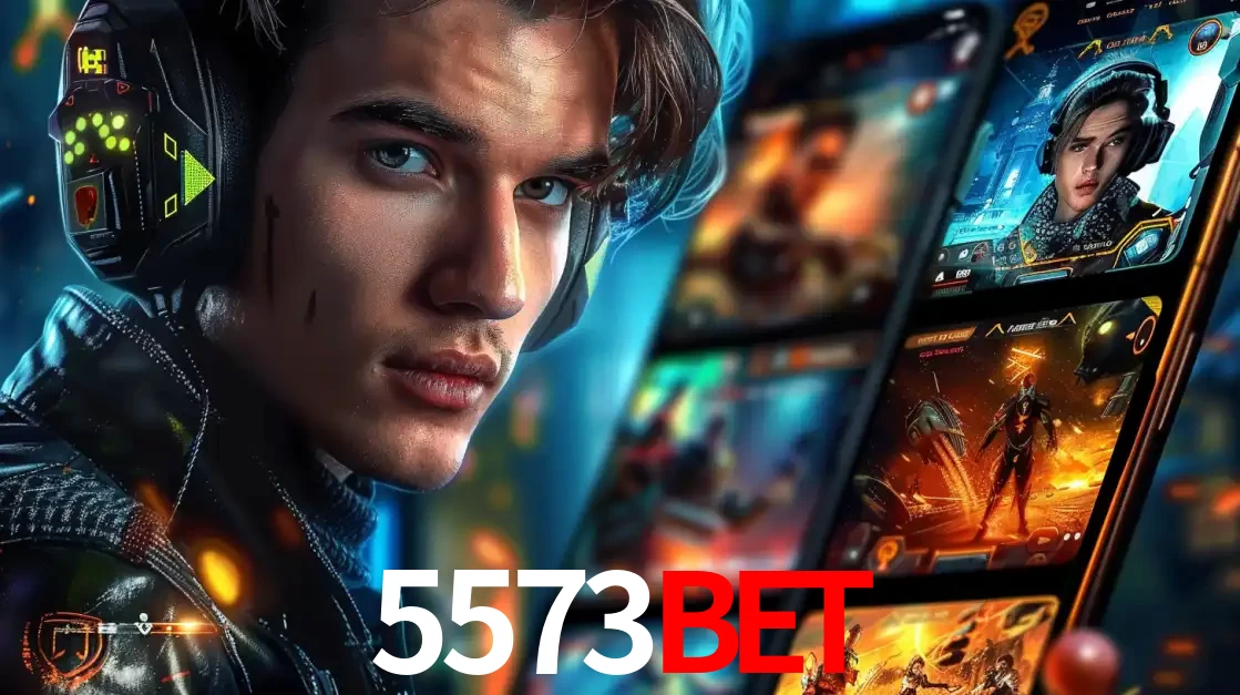 Jovem jogador com fones de ouvido olhando para a câmera, com um aplicativo de jogos e e-sports para celular ao fundo, pronto para a competição e apostas no 5573bet.