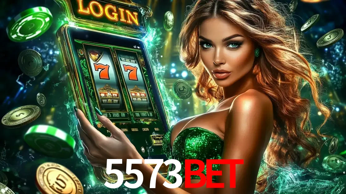 Mulher com tema verde apresentando o aplicativo do cassino 5573bet com um jogo de slot de 777, cercada por fichas de cassino e uma aura de sorte.