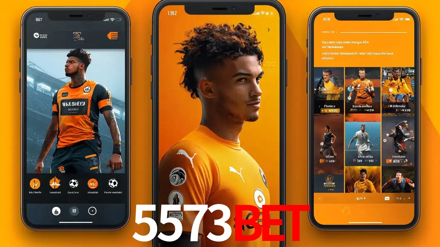 Interface do aplicativo de apostas esportivas 5573bet em três telas de celular, mostrando o perfil de um jogador de futebol e a lista de jogos disponíveis para apostar.