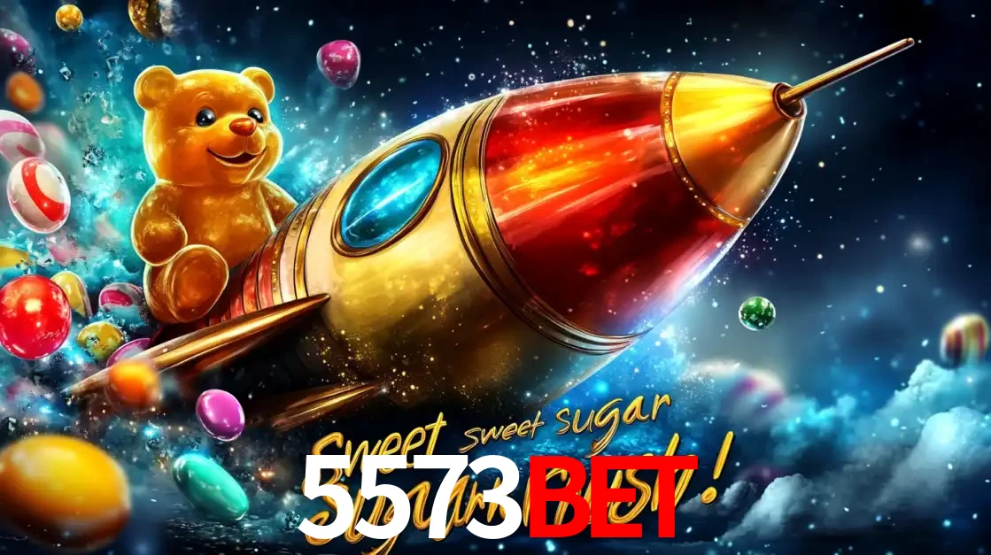 Arte promocional do jogo de slot Sugar Rush, com um urso de pelúcia em um foguete viajando pelo espaço de doces, um dos jogos divertidos disponíveis no cassino 5573bet.