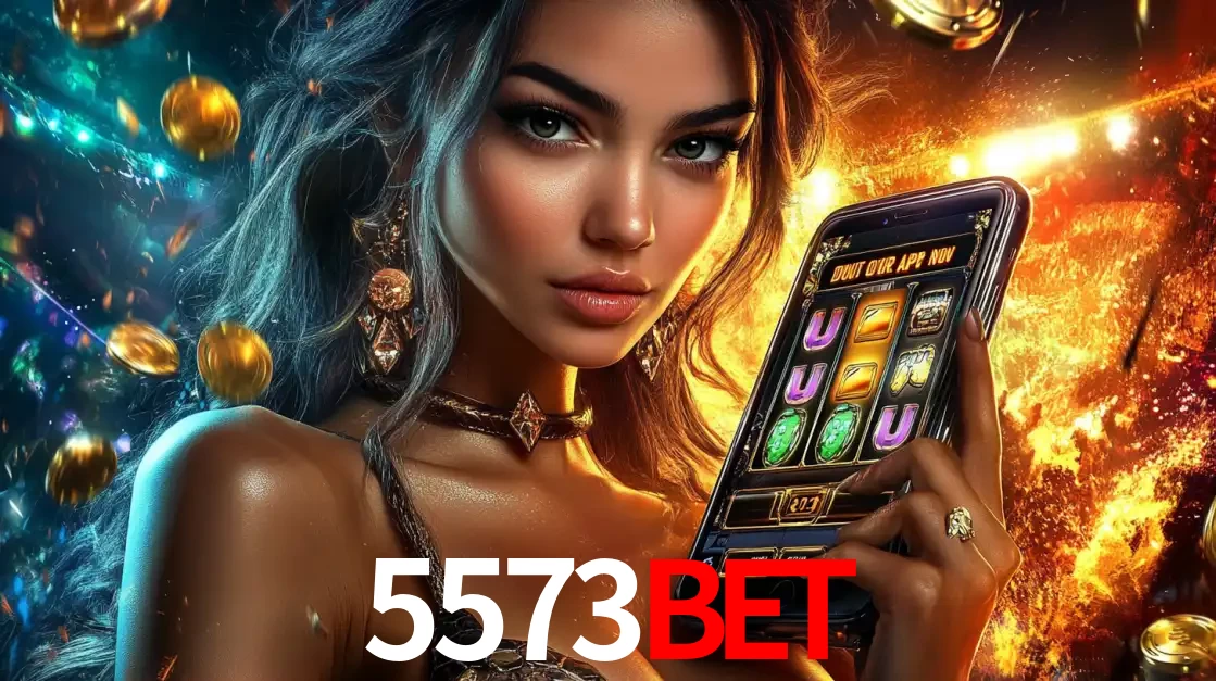 Mulher elegante mostrando um jogo de caça-níqueis em seu smartphone, destacando a experiência de cassino móvel oferecida pelo aplicativo 5573bet.