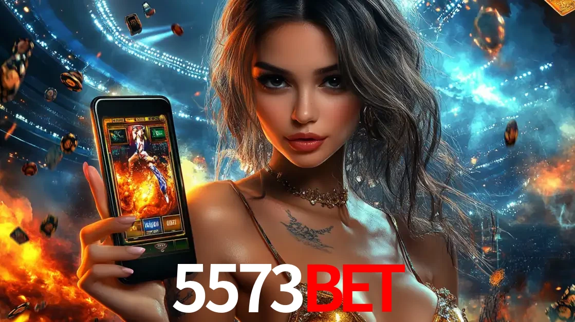 Mulher segurando um celular com um jogo de slot em destaque, tendo como fundo um estádio vibrante, simbolizando a emoção de jogar no cassino móvel 5573bet.